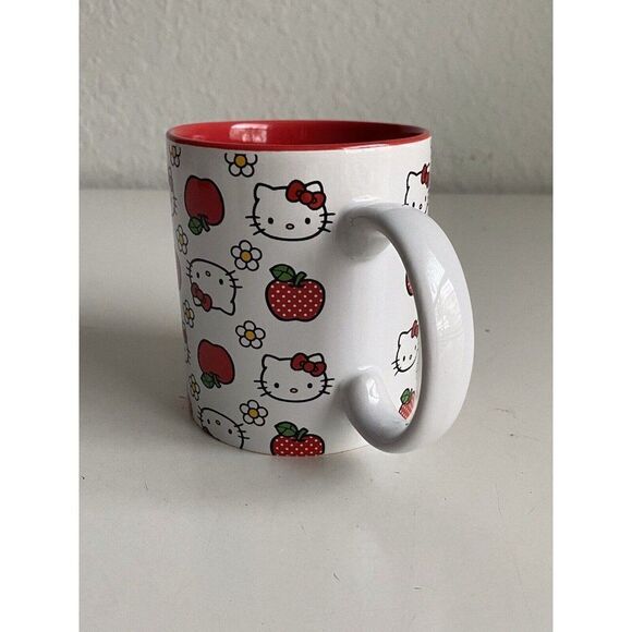Sanrio Hello Kitty Polka Dots Apples Daisies All Over Red Ceramic Mug 20oz NEW - Picture 3 of 9